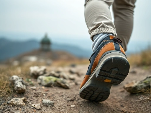 A close-up shot of a hiker's boots on a well-maintained trail, with a blurred background showing the landscape near a DMZ peace observatory, conveying a sense of quiet reflection.