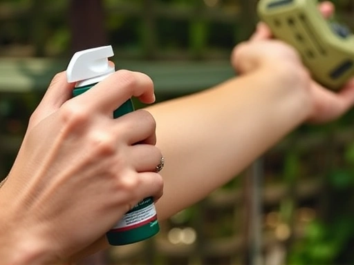 Close-up of a hand applying a hiking insect repellent spray to an arm, clearly showing the product bottle and the application process in a natural outdoor setting, emphasizing safety and practical use of bug spray.