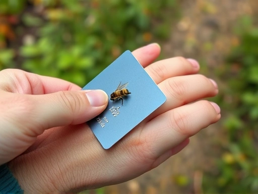 Close-up shot of a hand gently scraping a bee stinger from skin with a credit card, demonstrating proper immediate first aid for a bee sting on a nature trail.