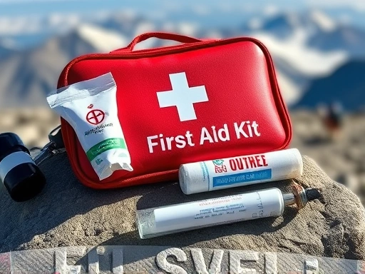 A close-up view of a first aid kit with medical supplies, a thermometer, and a small oxygen cylinder, placed on a rock at high altitude. Keywords: altitude sickness treatment, first aid, emergency kit, high altitude medical.