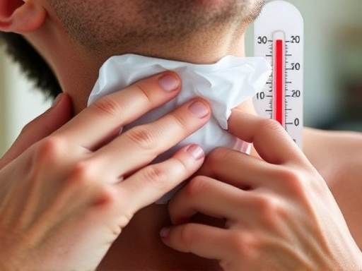 Close-up shot of hands applying an ice pack to a person's neck and wrist, with a thermometer showing high temperature in the background, illustrating crucial first aid and rapid cooling for heatstroke.