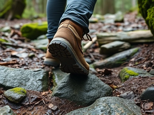 Close-up view of a hiker's boots navigating a wet, rocky forest path, highlighting the importance of observing terrain for safety. Show moss on rocks and damp soil. Terrain, Trail, Safety, Footwear, Conditions.
