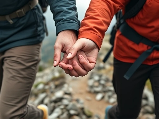 Close-up view of two hikers' hands clasped, helping each other on a challenging mountain path, emphasizing support, trust, and shared effort in group hiking. 