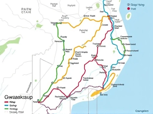A detailed map of Gwanaksan hiking trails, showing various routes color-coded by difficulty level, with small icons indicating key landmarks and starting points. Bright, clear, and informative.