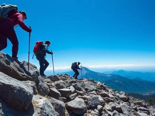 A close-up shot of hikers safely navigating a rocky section on Gwanaksan, with the iconic Yeonjudae peak visible in the background under a clear sky. Focus on detail and safety.