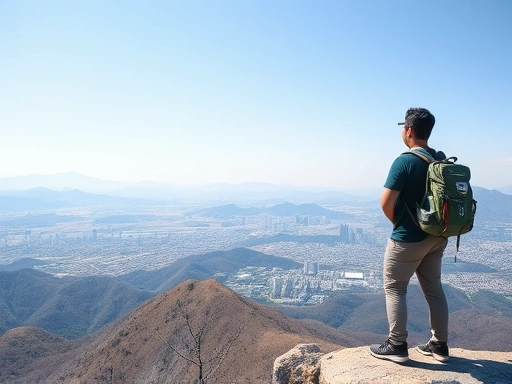 A panoramic view from Gwanaksan Yeonjudae Peak, showing Seoul city skyline and distant mountains on a clear day, with a hiker enjoying the vista. Focus on the vast landscape and mountain features.