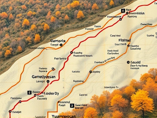 A detailed map of Gwanggyosan hiking trails with various paths marked, showing a pleasant autumn atmosphere, suitable for hikers of all levels, with clear routes and landmarks. SEO keywords: Gwanggyosan, hiking, trails, map, autumn.