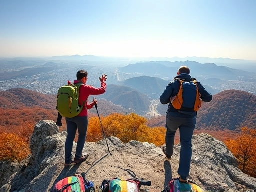 A close-up shot of hikers reaching the peak of Gwanggyosan, with a panoramic view of the city and surrounding mountains in the background, capturing a sense of achievement and a clear, sunny sky, showing the vibrant autumn colors. SEO keywords: Gwanggyosan, peak, view, city, autumn.