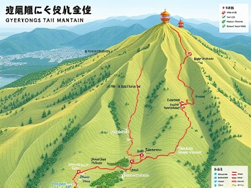 A detailed map illustrating various hiking trails on Gyeryongsan Mountain, showing different routes from trailheads, with a focus on clear pathways and natural scenery.