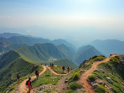 Panoramic view of Hallasan mountain trails, showing diverse landscapes and hikers, with a focus on comparison elements, natural light.