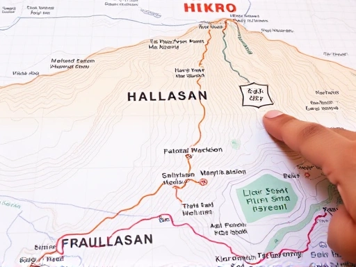 Close-up view of a detailed hiking map of Hallasan mountain, highlighting different trail sections and key points, with a person's hand pointing at a specific trail.