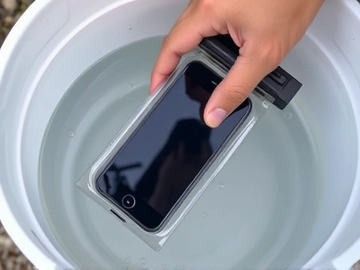 A detailed view of a hand submerging a smartphone in a clear waterproof pouch into a bucket of water, showing small air bubbles, emphasizing the sealing test for hiking equipment.