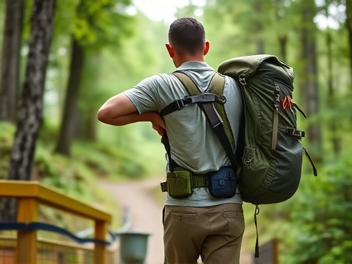 A focused shot of a hiker on a forest trail, adjusting the hip belt and shoulder straps of a large hiking backpack, emphasizing proper fit and comfort, with green trees in the background.