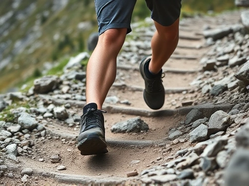 A close-up shot of a hiker's knees and legs as they gently bend while descending a steep, rocky trail, emphasizing knee flexibility and controlled movement, including 