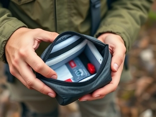 Close-up shot of a hiker's hand carefully opening a compact, water-resistant first aid pouch, revealing neatly packed medical supplies, emphasizing readiness and quick access in an outdoor setting.