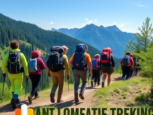 A diverse group of hikers ascending a scenic mountain trail, carrying large backpacks, demonstrating endurance and teamwork under a clear blue sky, with lush green trees in the background, conveying long-distance trekking and physical fitness.