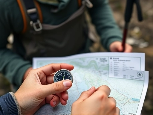Close-up shot of a hiker's hands holding a compass and a detailed trail map, with focus on accurate navigation and planning. Backpack and trekking poles visible in background, emphasizing safety and preparation for hiking.