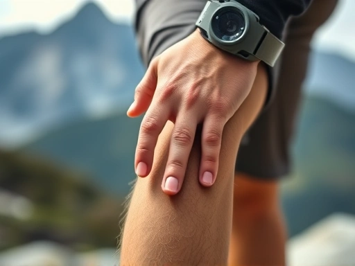 A close-up shot of a hiker's hand gently feeling their knee, showing a thoughtful expression of self-assessment before a hike, with a blurred mountain background, highlighting the importance of joint and muscle checks for safe hiking. (SEO keywords: hiker, joint check, muscle assessment, pre-hike, self-assessment)
