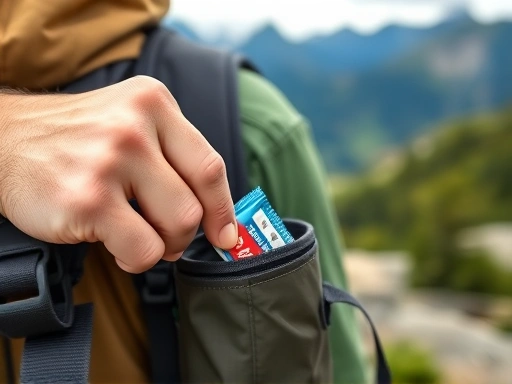 A close-up shot of a hiker's hand reaching for an energy bar from a small side pocket of a backpack, with the blurred backdrop of a scenic mountain view, illustrating quick energy replenishment during a hike.
