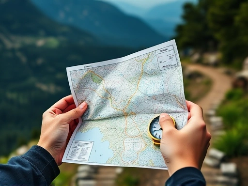 A close-up shot of a person's hands holding a hiking map and a compass on a scenic mountain trail, with a focus on navigation tools.