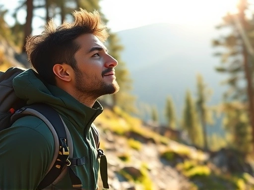 A focused hiker on a challenging mountain trail, taking a deep breath, with a serene and determined expression, surrounded by beautiful nature, sunlight filtering through trees.