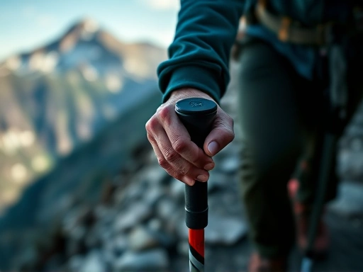 Close-up of a hiker's hand gripping a trekking pole, with blurred mountain scenery in the background, emphasizing focus and determination on a steep, rocky path.