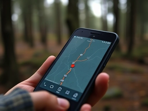 A close-up of a smartphone screen displaying a GPS hiking app with a red dot representing the lost hiker's position, in a dimly lit forest setting.