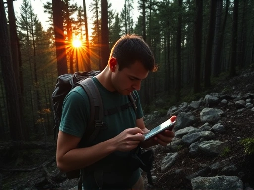 A lost hiker in dense forest, looking at a compass with a worried expression, sun setting, rugged terrain, soft natural light, conveying a sense of isolation and challenge.