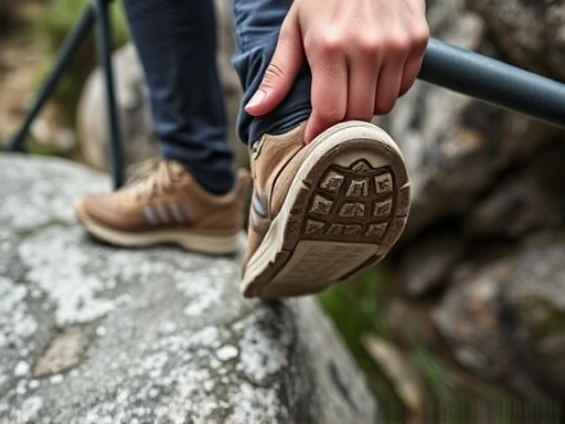 Close-up of a hiker's feet firmly planted on a rock, with one hand gripping a sturdy railing, demonstrating a safe and stable pose for photography in a natural environment. Focus on the secure grip and stable foot placement.