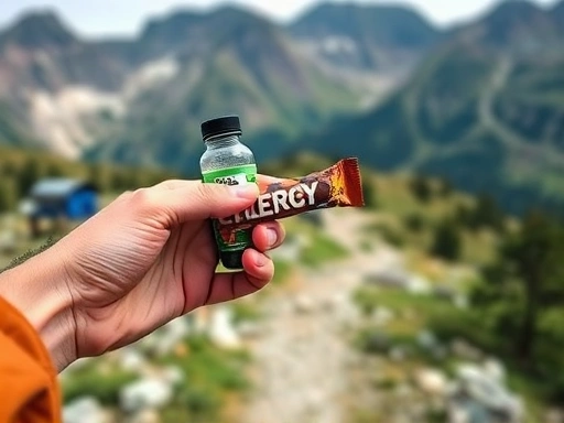 A close-up view of a hiker's hand holding an energy bar or a small water bottle, against a blurred background of a mountain trail, emphasizing preparedness and immediate aid for hiking emergencies.