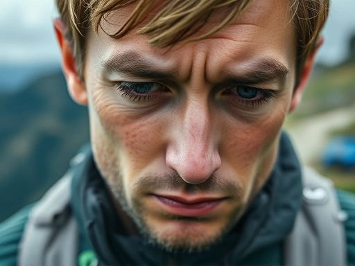 A close-up shot of a hiker's face showing signs of mental fatigue: slight furrowed brow, tired eyes, and a thoughtful expression, perhaps checking their watch or a map. The background is a blurred mountain trail, emphasizing introspection and the decision to quit.