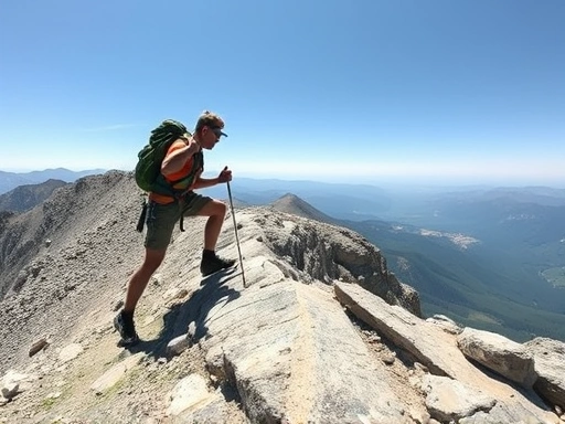 A wide shot of a hiker carefully navigating a challenging rock section on a mountain trail, demonstrating three-point contact, wearing safety gear, under a clear sky.