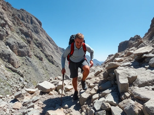 A focused hiker carefully navigating a challenging, rocky mountain section with determination, showing proper body posture and safety gear, highlighting the rugged terrain and natural light.