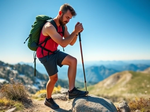 A male hiker with a backpack and trekking poles, gently stretching his calf muscle on a mountain trail, alleviating a cramp, with a clear blue sky and distant peaks. Focus on natural lighting and calm atmosphere, showing immediate relief.