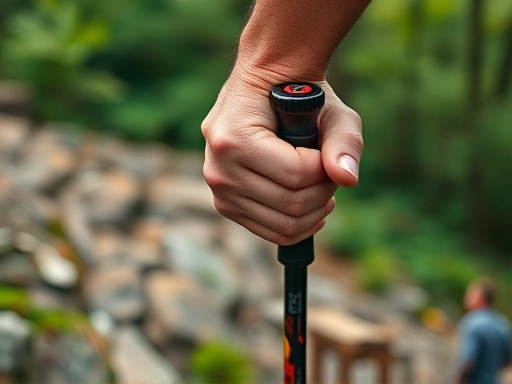 Close-up of a hand gripping a hiking pole firmly on a rocky trail, with blurry green forest in the background, representing determination and resilience in personal growth.