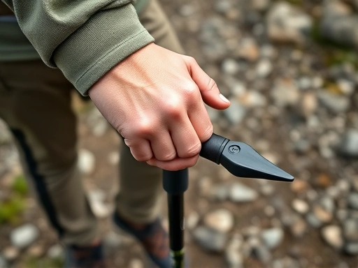Close-up shot of a hiker's hand properly gripping a hiking pole with a wrist strap, demonstrating correct posture and a durable tip on rough terrain, emphasizing secure handling and balance.