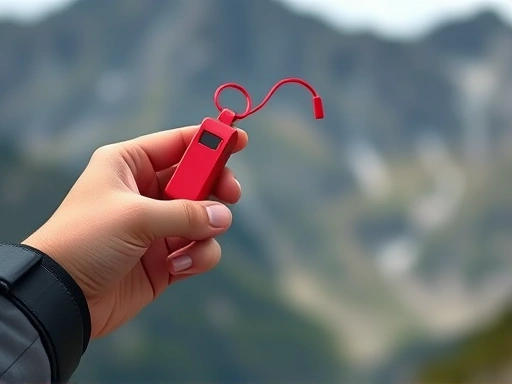 Close-up of a hand holding a red emergency whistle, demonstrating the use of an auditory signal during hiking for rescue requests, with a blurred mountain background. Focus on the whistle. Emergency preparedness.