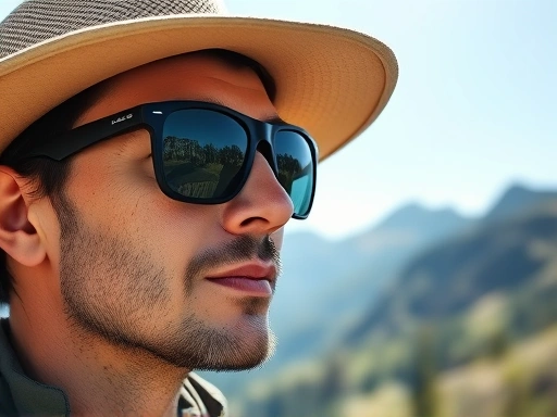 A detailed shot of a hiker's face, wearing modern, protective sunglasses and a wide-brimmed hat, with a bright mountain landscape in the background under clear skies, emphasizing UV protection and outdoor activity.