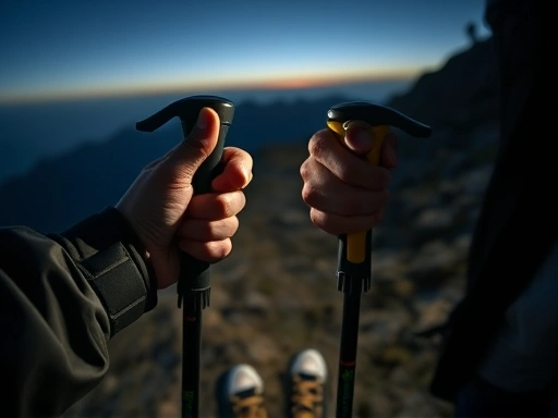 Close-up of a hiker's hands holding trekking poles, their headlamp shining faintly in the pre-dawn darkness on a rugged mountain trail, emphasizing the preparation for a sunrise mountain hike on the East Coast of Korea.