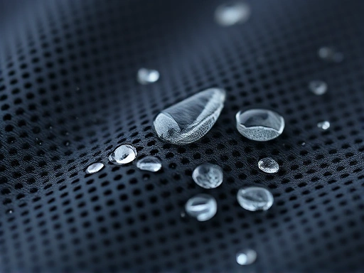 Close-up of a waterproof and breathable fabric weave, showing tiny pores for moisture vapor escape, with water beading on the surface, emphasizing advanced textile technology.
