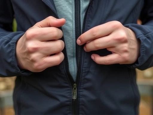 Close-up shot of hands adjusting a technical outer shell jacket zipper, with a breathable base layer visible underneath, showcasing the functionality of hiking apparel layering. Focus on fabric texture and design details.