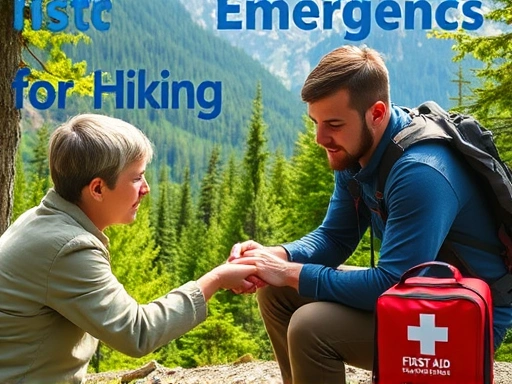 A person receiving first aid in a mountainous setting, surrounded by lush green trees, with a first-aid kit visible, highlighting emergency preparedness for hiking allergies.