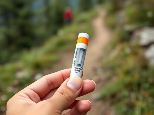A close-up shot of an adrenaline auto-injector (EpiPen) being held, with a blurred background of a hiking trail, emphasizing critical medical supplies for allergic reactions during outdoor activities.
