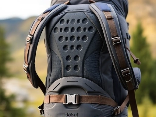 A close-up shot focusing on the details of a hiking backpack's back panel, showing the ventilation system, padded shoulder straps, and adjustable hip belt. The backpack is standing upright in an outdoor setting, highlighting its design and ergonomic features for a guide on selecting the right hiking backpack.