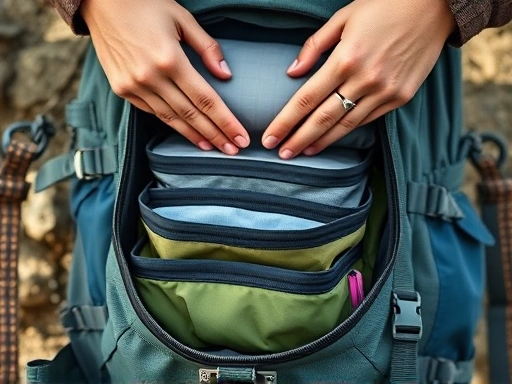 Close-up of hands expertly placing various sizes of packing cubes into a hiking backpack, demonstrating smart space utilization and categorization, clear textures, outdoor setting hinted.