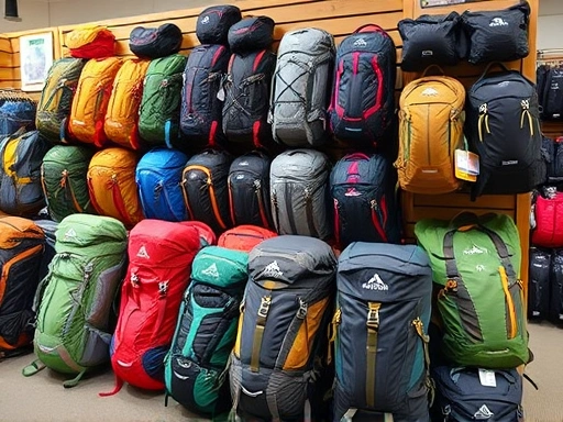 A diverse collection of hiking backpacks from various brands, neatly arranged on display in an outdoor gear store, with some price tags visible, highlighting different features and sizes in a well-lit, inviting setting, for hiking backpack brand features comparison.