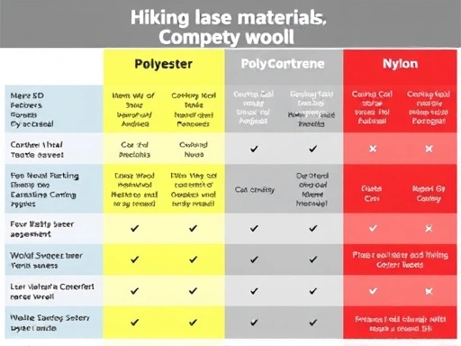 A detailed comparison table showing different hiking base layer materials like Merino wool, polyester, polypropylene, and nylon, highlighting their features, pros, cons, and recommended uses for optimal comfort and performance in the mountains.