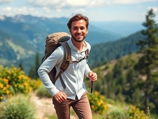 A person confidently hiking on a scenic mountain trail, wearing light-colored, long-sleeved clothing, with a backpack, highlighting safe hiking attire for bee sting prevention.