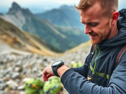 A hiker carefully checks their pulse on a challenging mountain trail, utilizing a smartwatch to monitor vital signs, with a focus on their determined expression and the rugged natural background.
