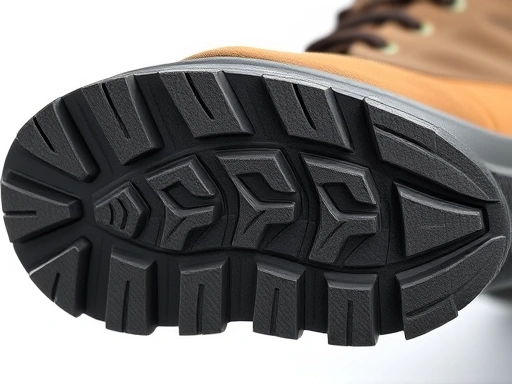 A detailed close-up shot of a hiking boot outsole with various lug patterns, showcasing the texture and depth of the rubber for grip and durability analysis.